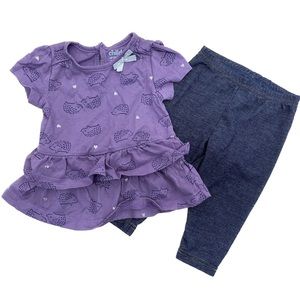 9 Months Carter’s Baby Girl Purple Hedgehog Ruffled top with Jeggings pa…
